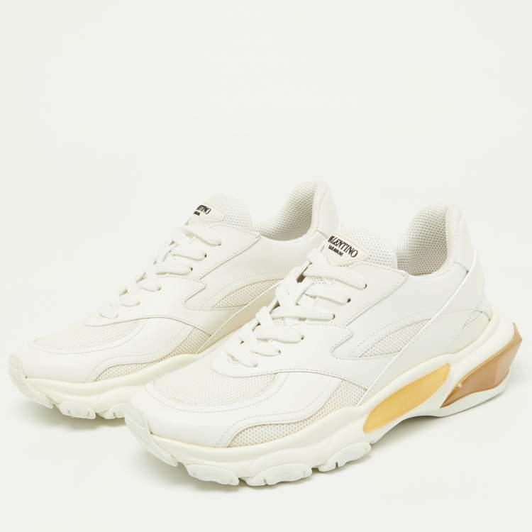 مملوكة مسبقًا Valentino White Leather and Knit Fabric Bounce Sneakers Size 38