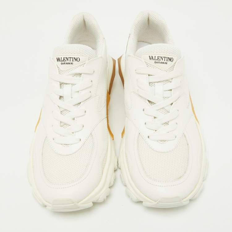 مملوكة مسبقًا Valentino White Leather and Knit Fabric Bounce Sneakers Size 38