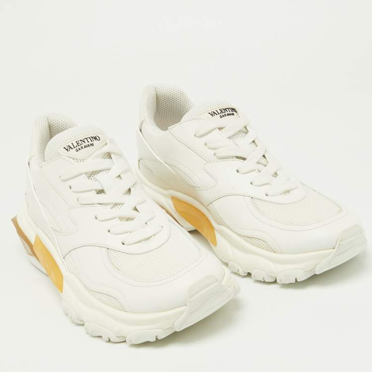 مملوكة مسبقًا Valentino White Leather and Knit Fabric Bounce Sneakers Size 38