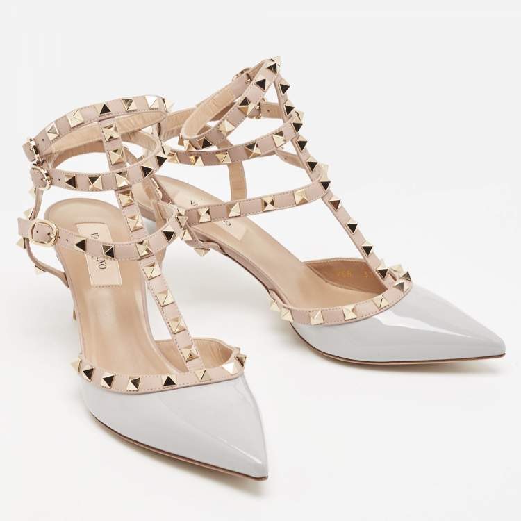 Pre Owned Valentino Grey Patent Leather Rockstud Ankle Strap Pumps Size 38.5