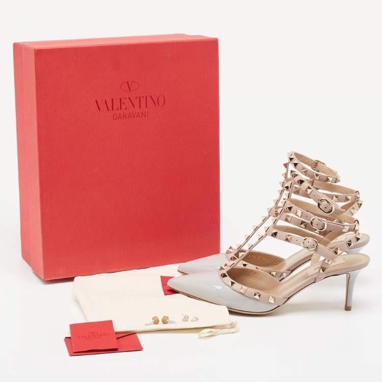 Pre Owned Valentino Grey Patent Leather Rockstud Ankle Strap Pumps Size 38.5