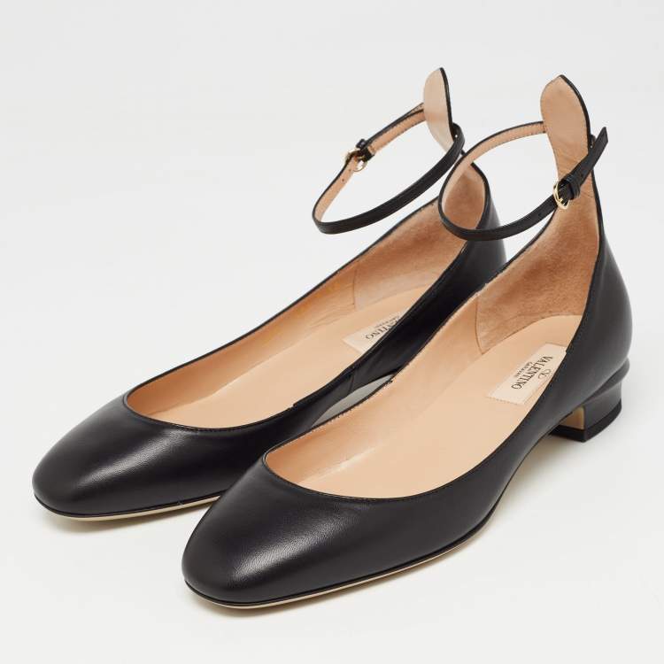 Pre Owned Valentino Black Leather Tango Ankle Strap Ballet Flats Size 38