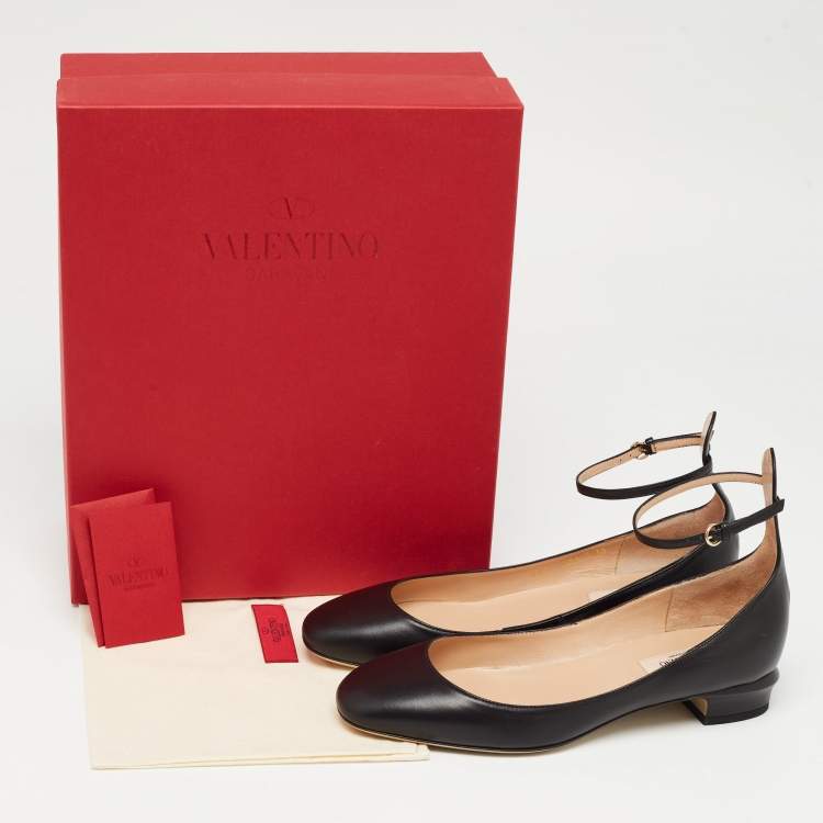 Pre Owned Valentino Black Leather Tango Ankle Strap Ballet Flats Size 38