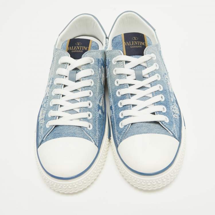 Pre Owned Valentino Navy Blue/White Denim and Leather Butterfly Low Top Sneakers Size 40