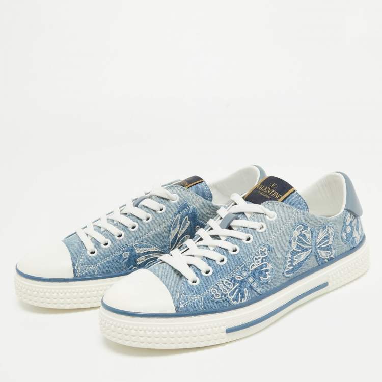 Pre Owned Valentino Navy Blue/White Denim and Leather Butterfly Low Top Sneakers Size 40