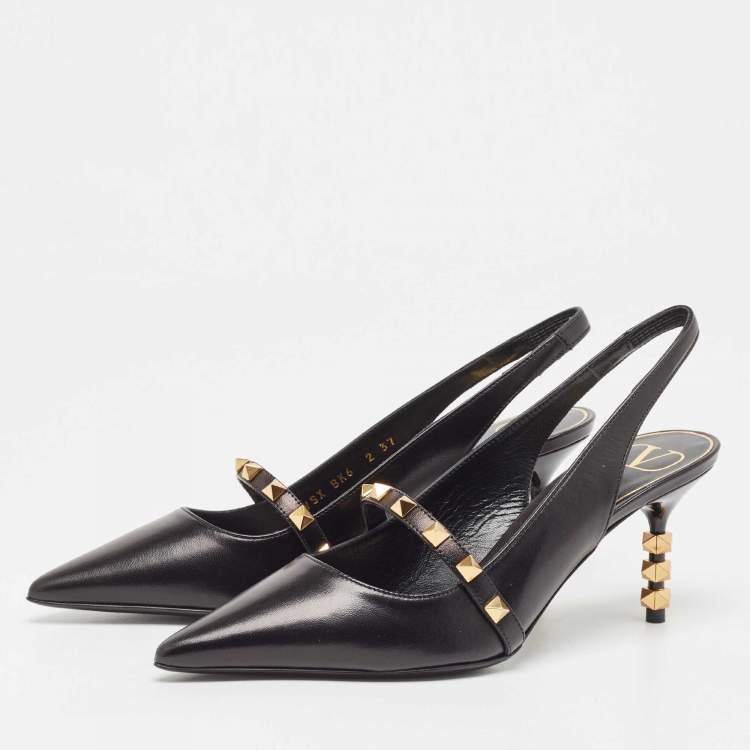 Pre Owned Valentino Black Leather Rockstud Slingback Pumps Size 37