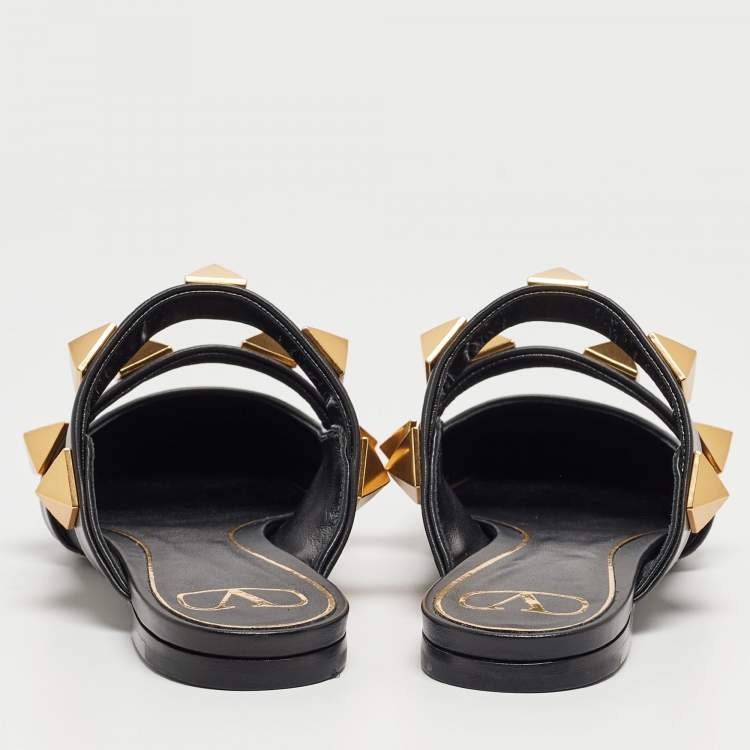 Pre Owned Valentino Black Leather Roman Stud Flat Mules Size 39