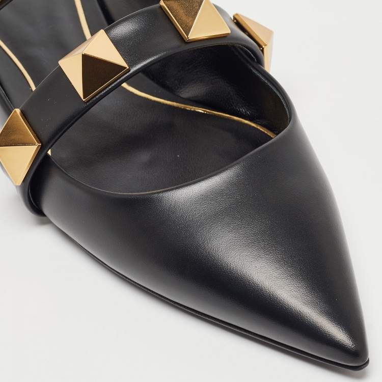 Pre Owned Valentino Black Leather Roman Stud Flat Mules Size 39