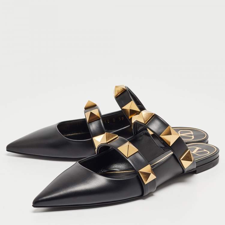 Pre Owned Valentino Black Leather Roman Stud Flat Mules Size 39