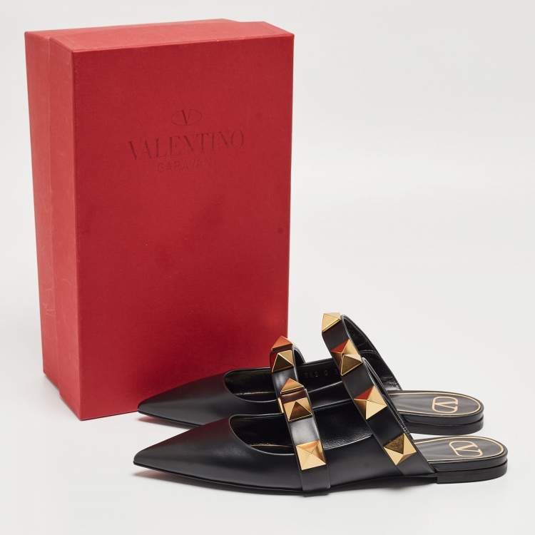 Pre Owned Valentino Black Leather Roman Stud Flat Mules Size 39
