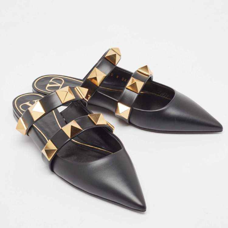 Pre Owned Valentino Black Leather Roman Stud Flat Mules Size 38