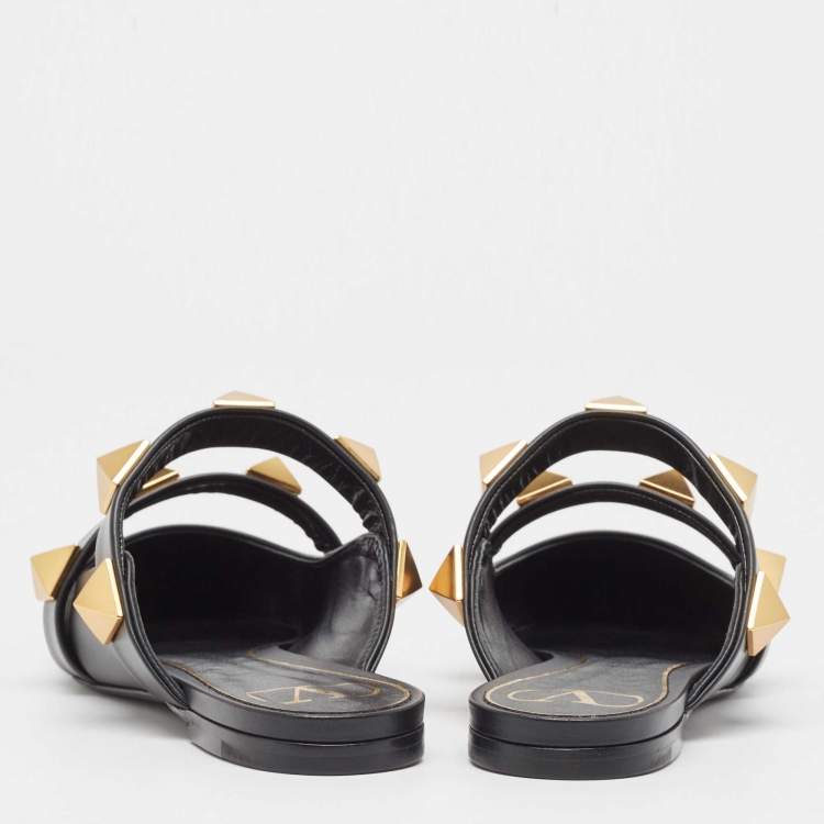 Pre Owned Valentino Black Leather Roman Stud Flat Mules Size 38
