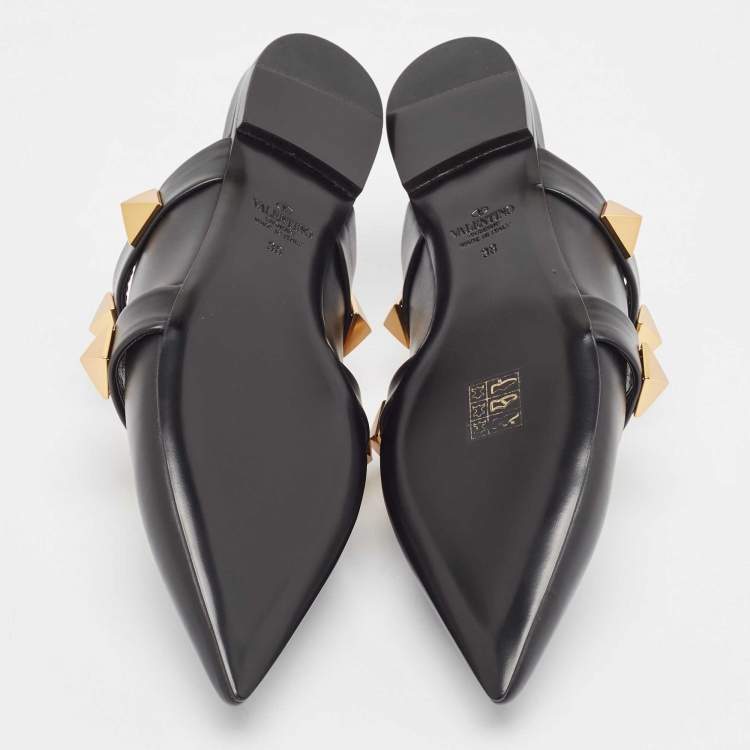 Pre Owned Valentino Black Leather Roman Stud Flat Mules Size 38