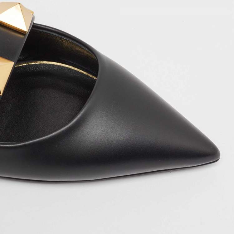 Pre Owned Valentino Black Leather Roman Stud Flat Mules Size 38