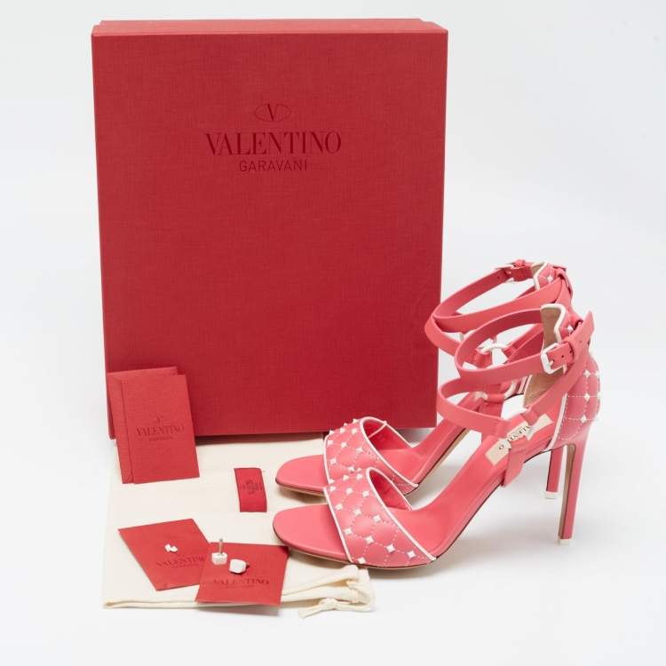 Pre Owned Valentino Pink/White Leather Rockstud Ankle Strap Sandals Size 38