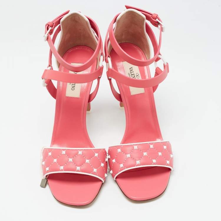 Pre Owned Valentino Pink/White Leather Rockstud Ankle Strap Sandals Size 38