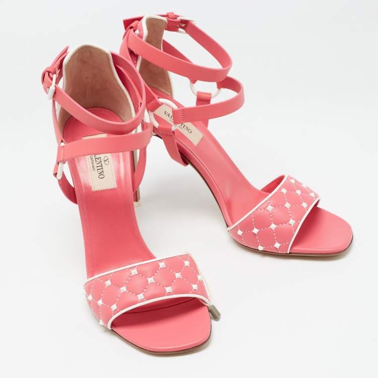 Pre Owned Valentino Pink/White Leather Rockstud Ankle Strap Sandals Size 38
