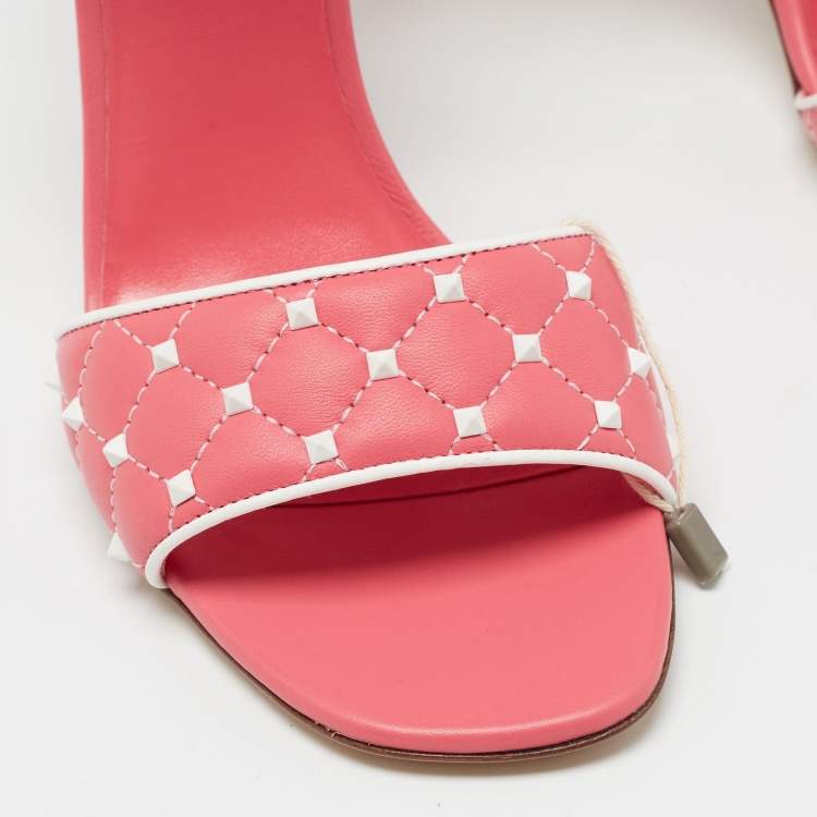 Pre Owned Valentino Pink/White Leather Rockstud Ankle Strap Sandals Size 38