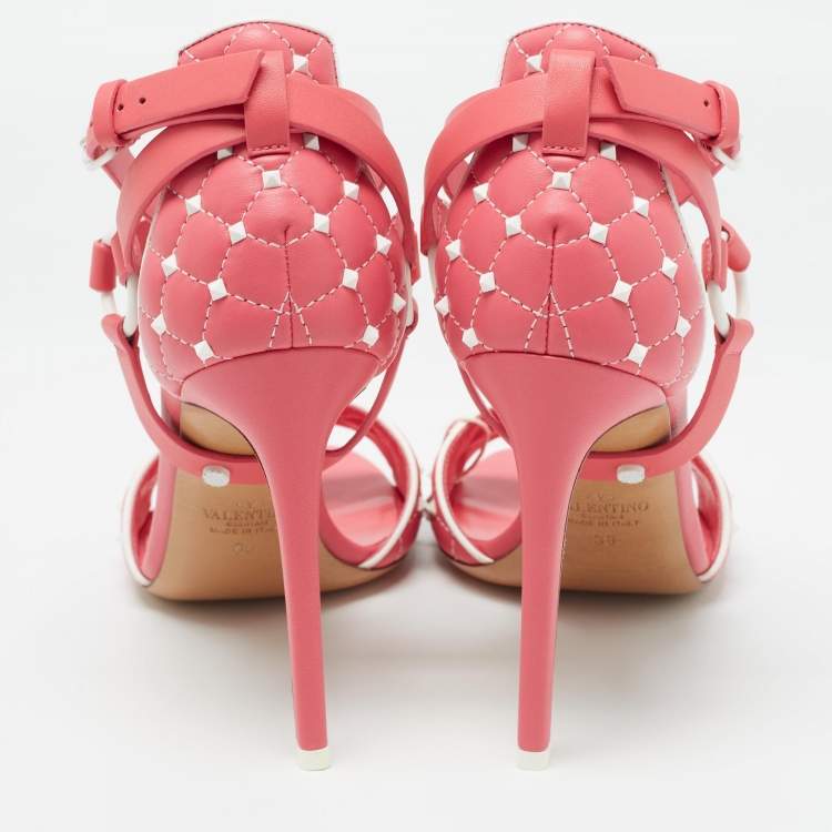 Pre Owned Valentino Pink/White Leather Rockstud Ankle Strap Sandals Size 38