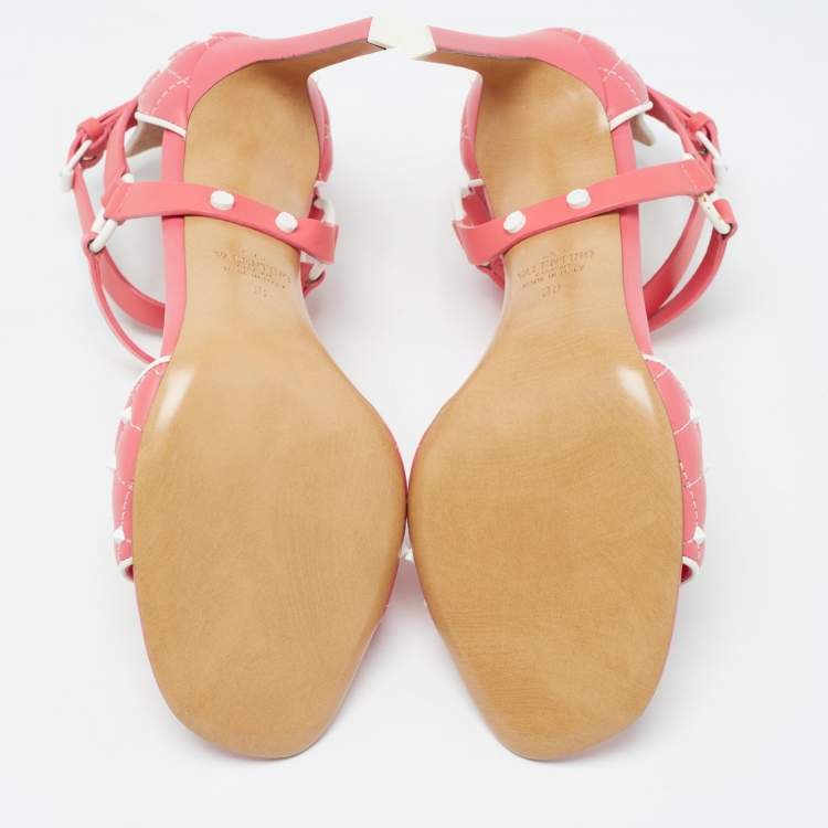 Pre Owned Valentino Pink/White Leather Rockstud Ankle Strap Sandals Size 38