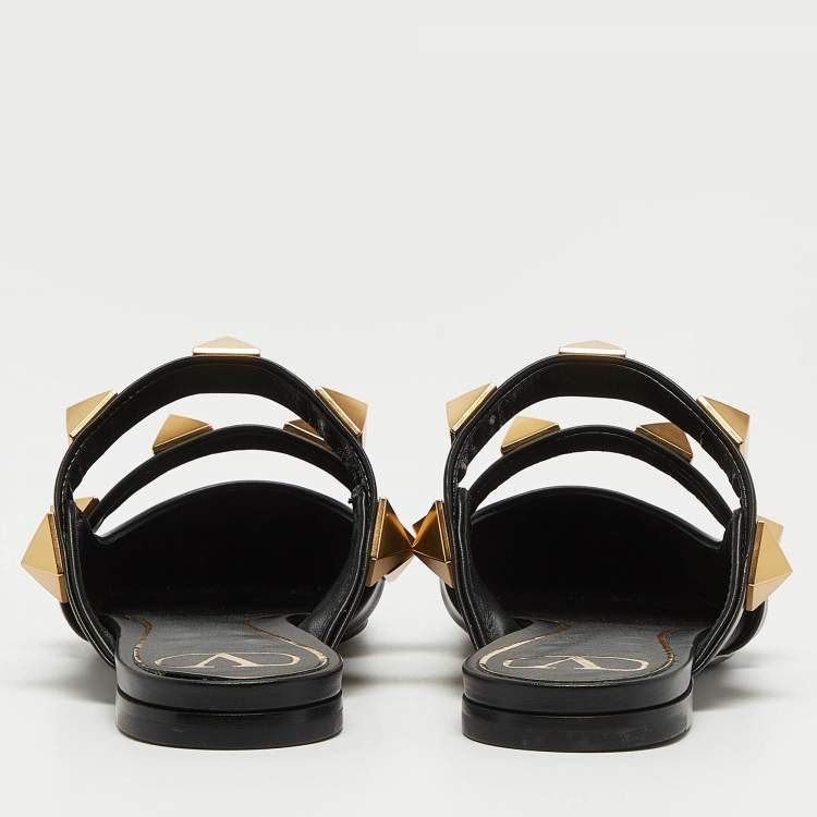 Pre Owned Valentino Black Leather Roman Stud Flat Mules Size 38.5