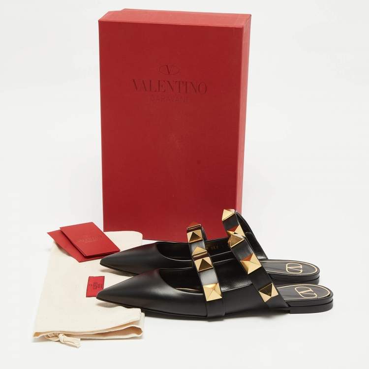 Pre Owned Valentino Black Leather Roman Stud Flat Mules Size 38.5