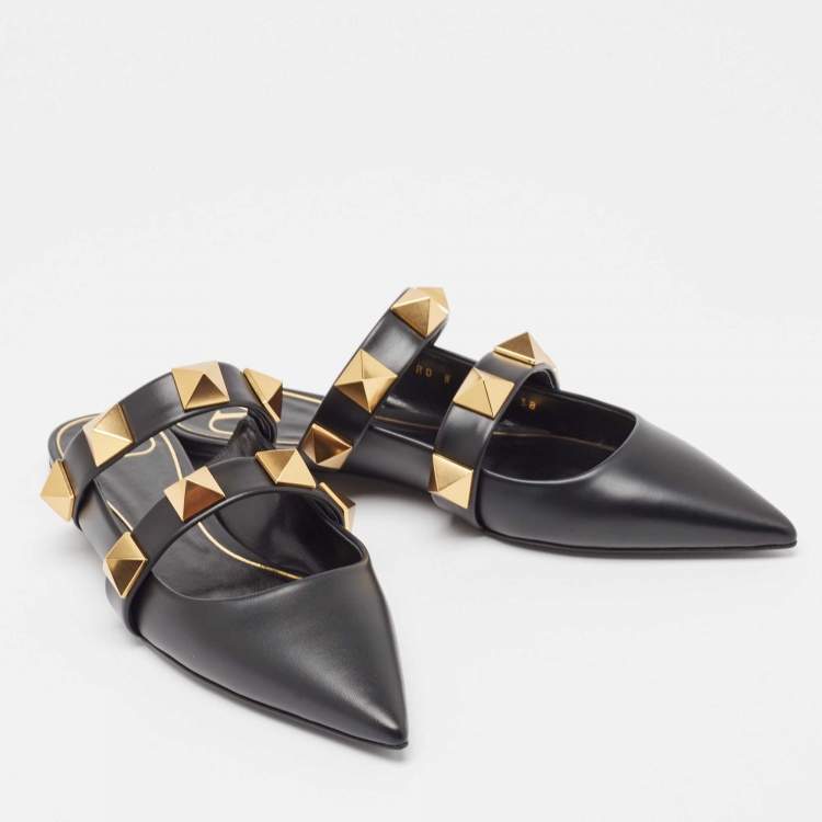 Pre Owned Valentino Black Leather Roman Stud Flat Mules Size 38