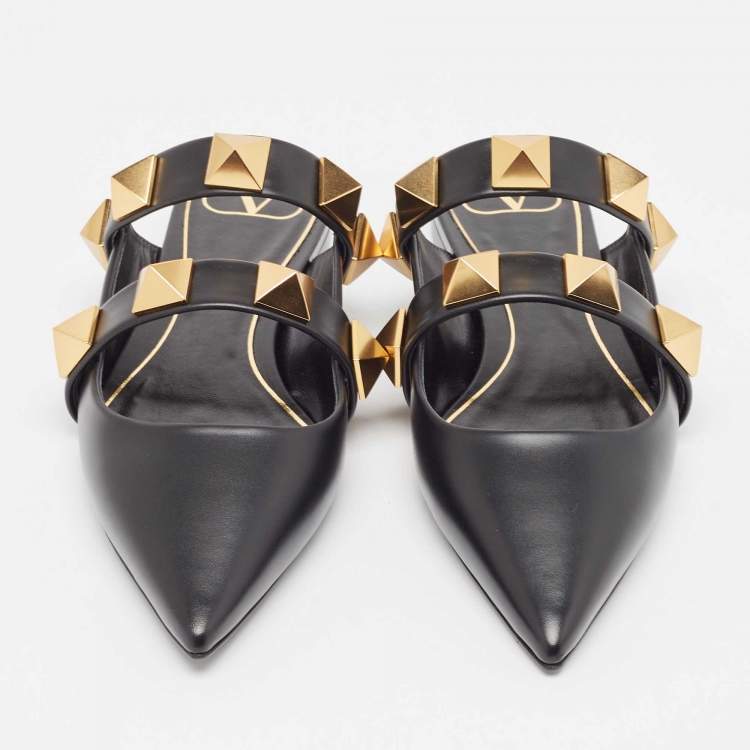 Pre Owned Valentino Black Leather Roman Stud Flat Mules Size 38