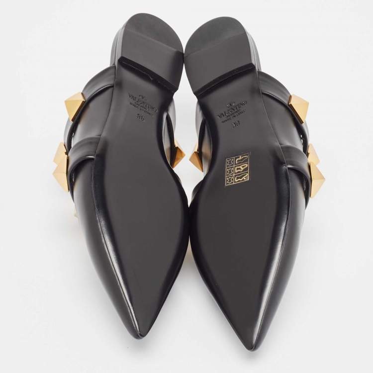 Pre Owned Valentino Black Leather Roman Stud Flat Mules Size 38
