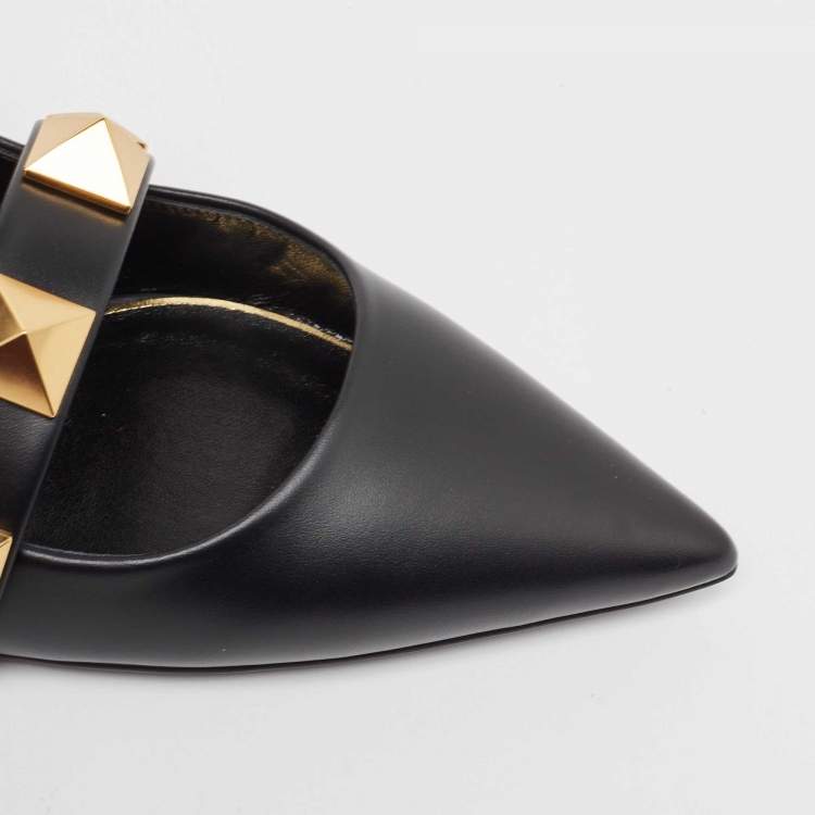 Pre Owned Valentino Black Leather Roman Stud Flat Mules Size 38