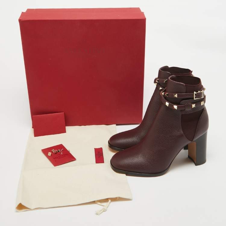 Pre Owned Valentino Burgundy Leather Rockstud Ankle Boots Size 37.5