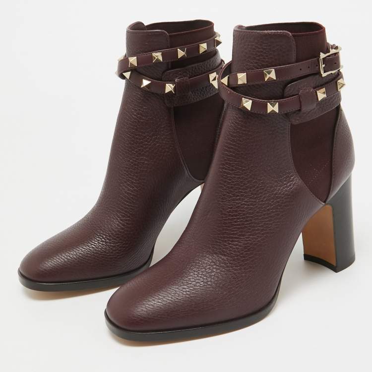 Pre Owned Valentino Burgundy Leather Rockstud Ankle Boots Size 37.5
