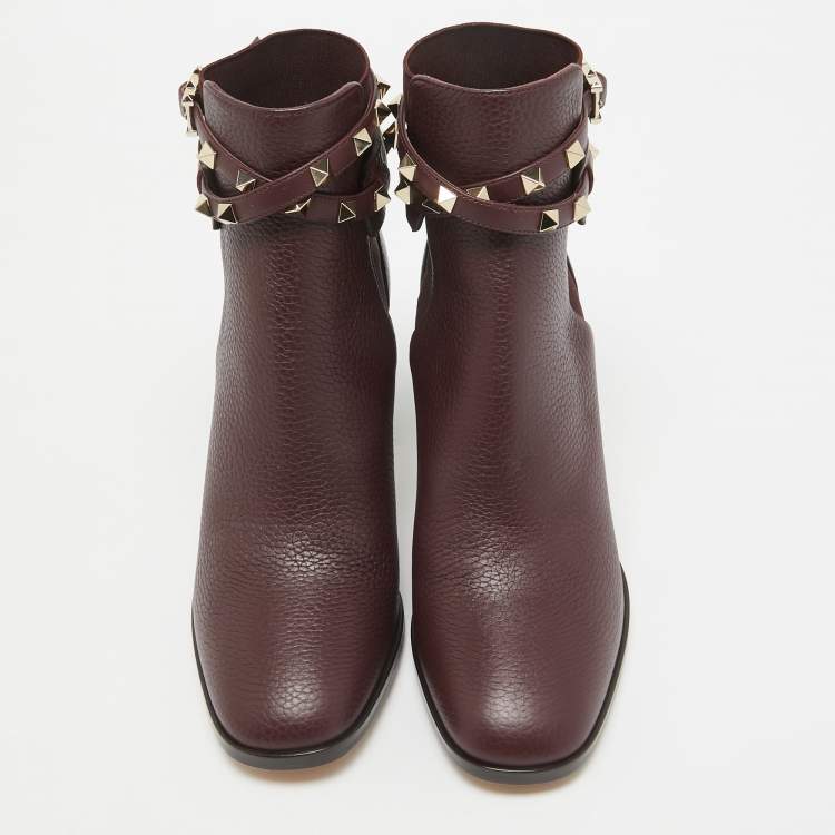 Pre Owned Valentino Burgundy Leather Rockstud Ankle Boots Size 37.5