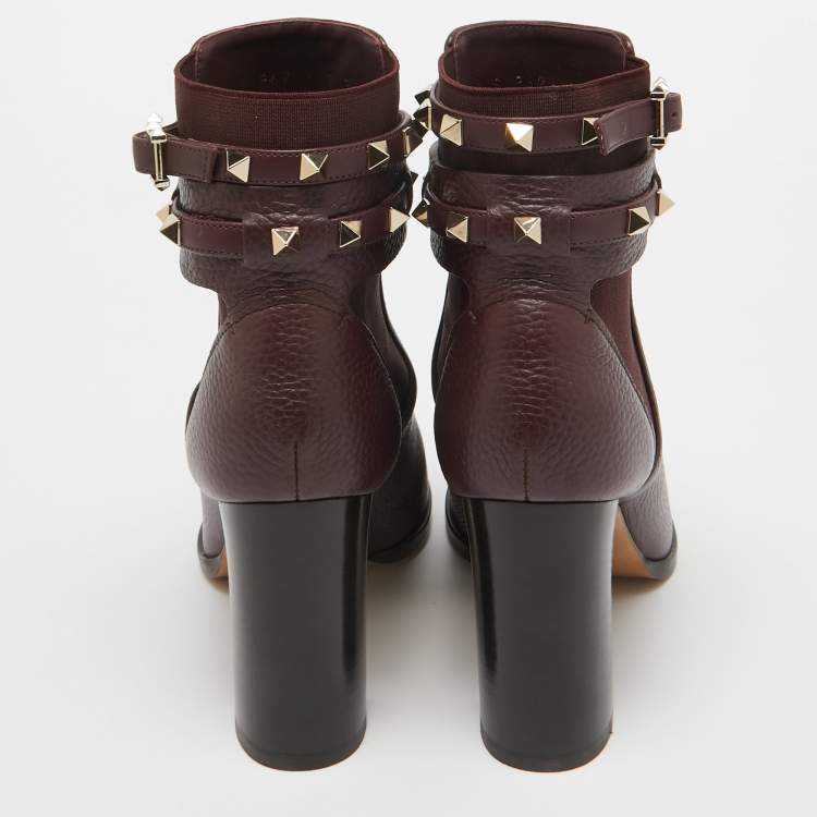 Pre Owned Valentino Burgundy Leather Rockstud Ankle Boots Size 37.5