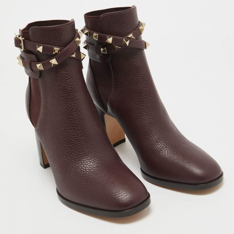 Pre Owned Valentino Burgundy Leather Rockstud Ankle Boots Size 37.5
