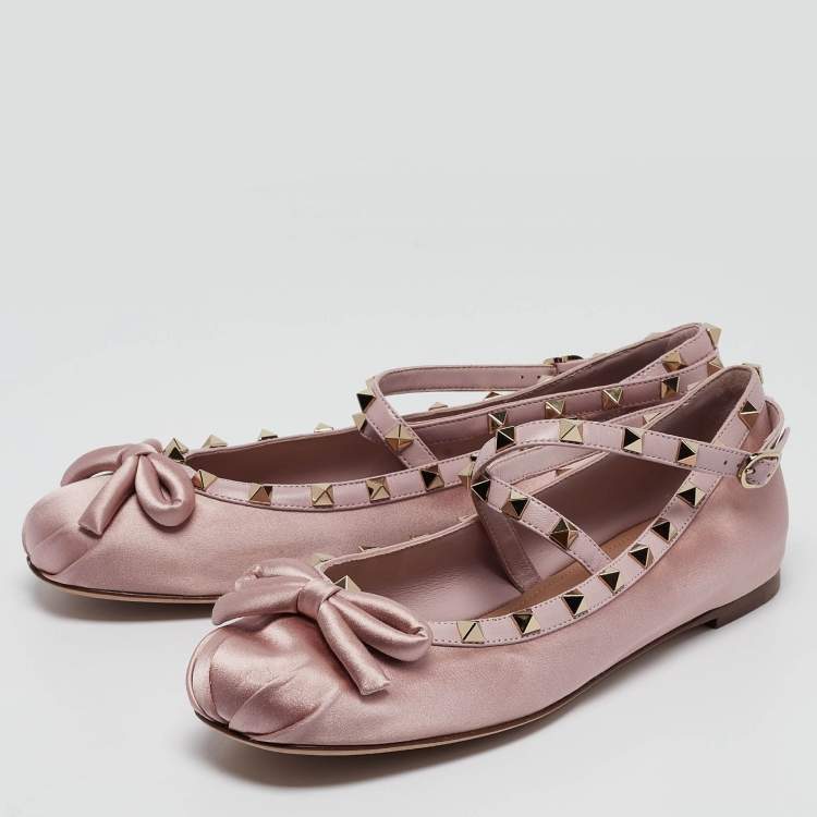 Valentino Pink Satin Rockstud Ankle Strap Ballet Flats Size