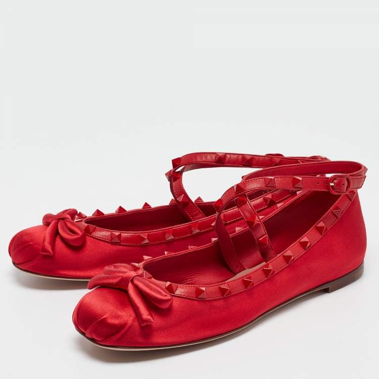 Pre Owned Valentino Red Satin Rockstud Ankle Strap Ballet Flats Size 39.5