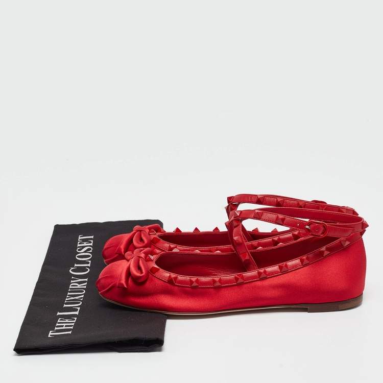 Pre Owned Valentino Red Satin Rockstud Ankle Strap Ballet Flats Size 39.5