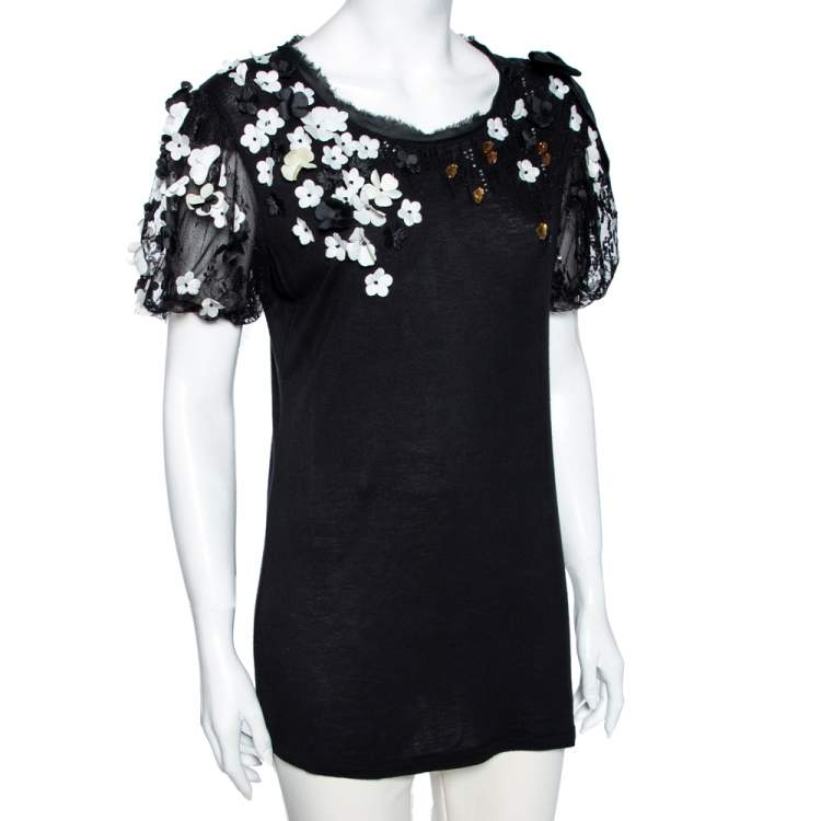 Valentino T-Shirt Couture Black Floral Applique Embellished Jersey