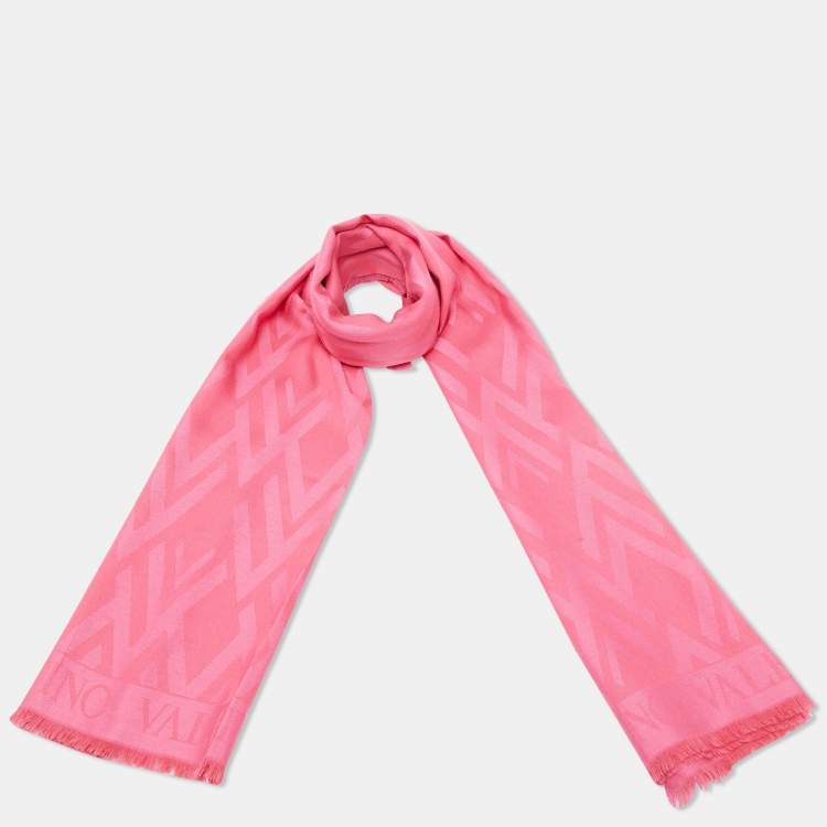 Pre Owned Valentino Pink V Logo Pattern Modal & Wool Blend Scarf