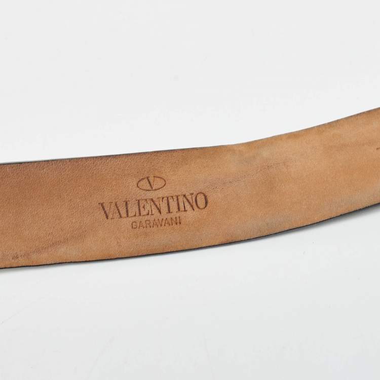 Pre Owned Valentino Olive Green Patent Leather VLogo Buckle Belt 85 CM