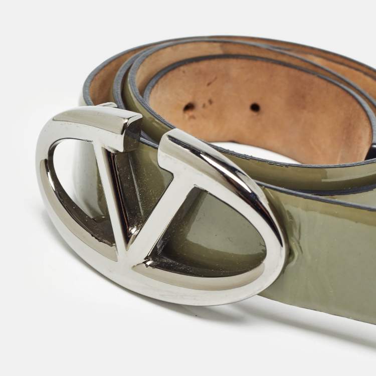 Pre Owned Valentino Olive Green Patent Leather VLogo Buckle Belt 85 CM