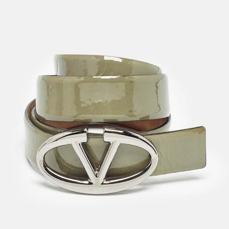 Pre Owned Valentino Olive Green Patent Leather VLogo Buckle Belt 85 CM