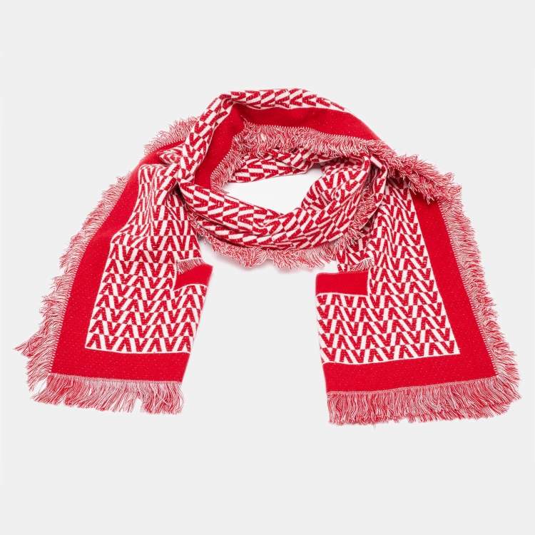 Pre Owned Valentino Red Optical V-Logo Wool Poncho Scarf