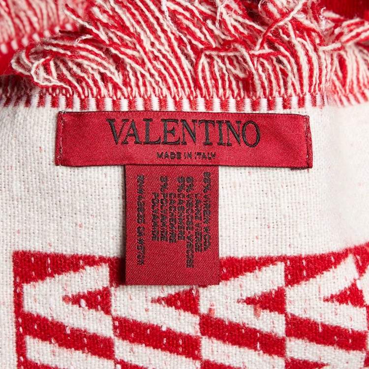 Pre Owned Valentino Red Optical V-Logo Wool Poncho Scarf