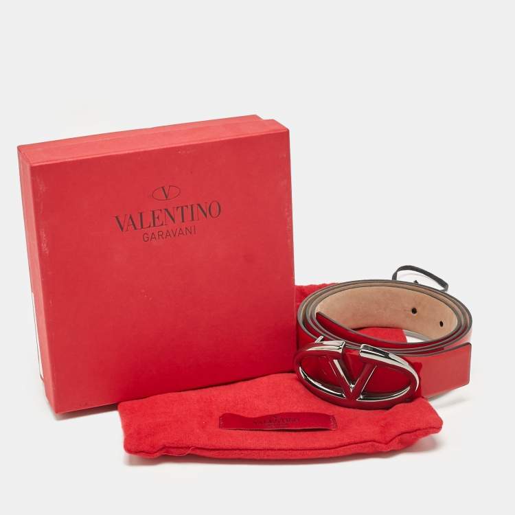 Pre Owned Valentino Red Patent Leather VLogo Buckle Belt 85 CM