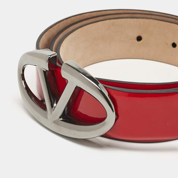 Pre Owned Valentino Red Patent Leather VLogo Buckle Belt 85 CM