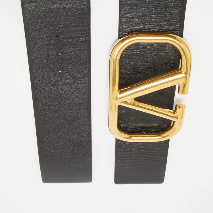 Pre Owned Valentino Black/Red Leather VLogo Reversible Wide Belt 105 cm