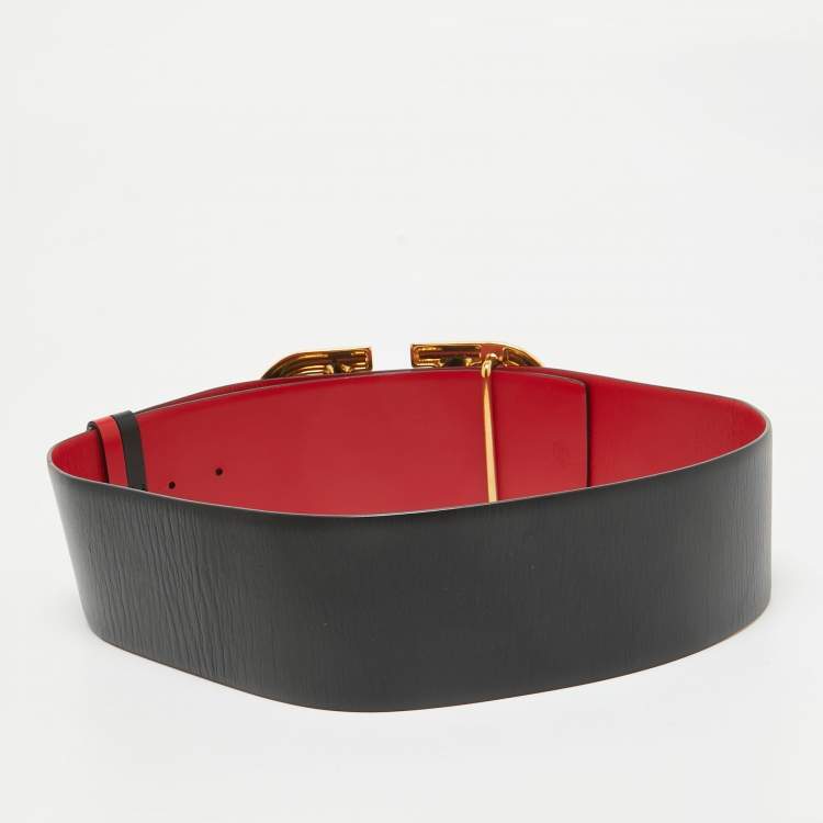 Pre Owned Valentino Black/Red Leather VLogo Reversible Wide Belt 105 cm
