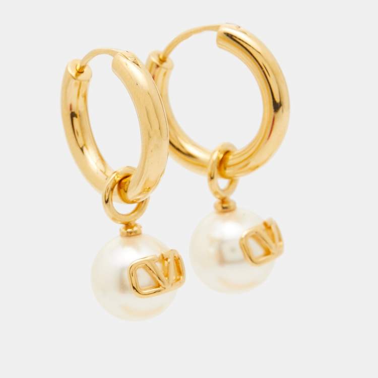 Pre Owned Valentino VLogo Faux Pearl Gold Tone Earrings